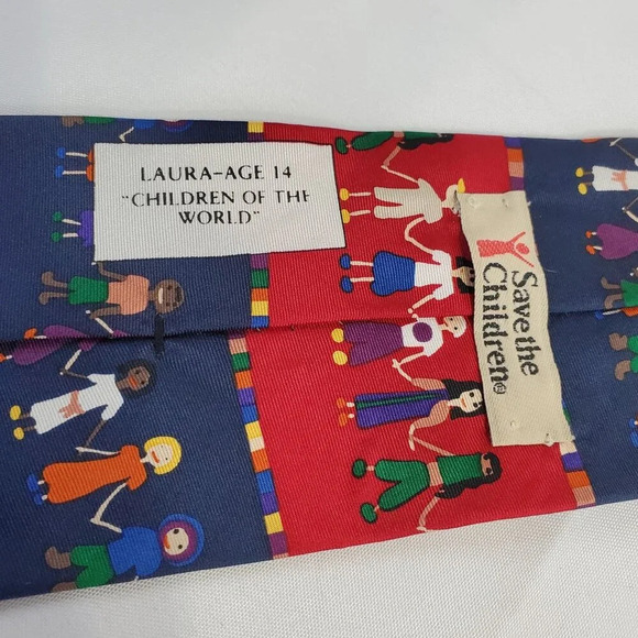 Save The Children Mens Tie Children Holding Hands Necktie Red & Blue Colorful - Picture 3 of 3